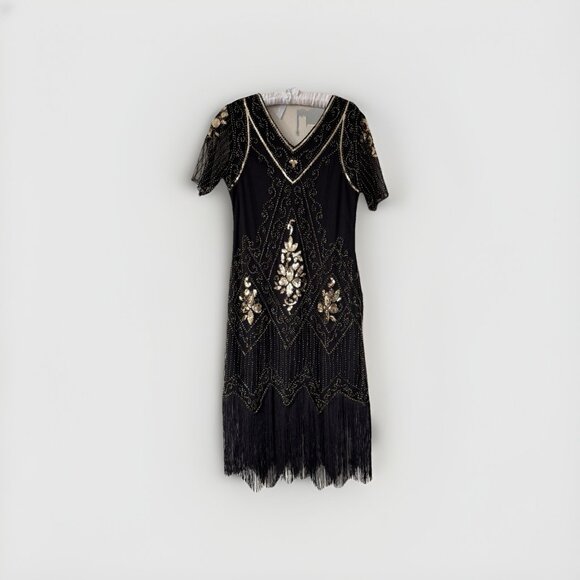 1920s Women Gold Dress V-Neck Sequin Evening Fringe Tassel Flapper Gown Black - Picture 1 of 7